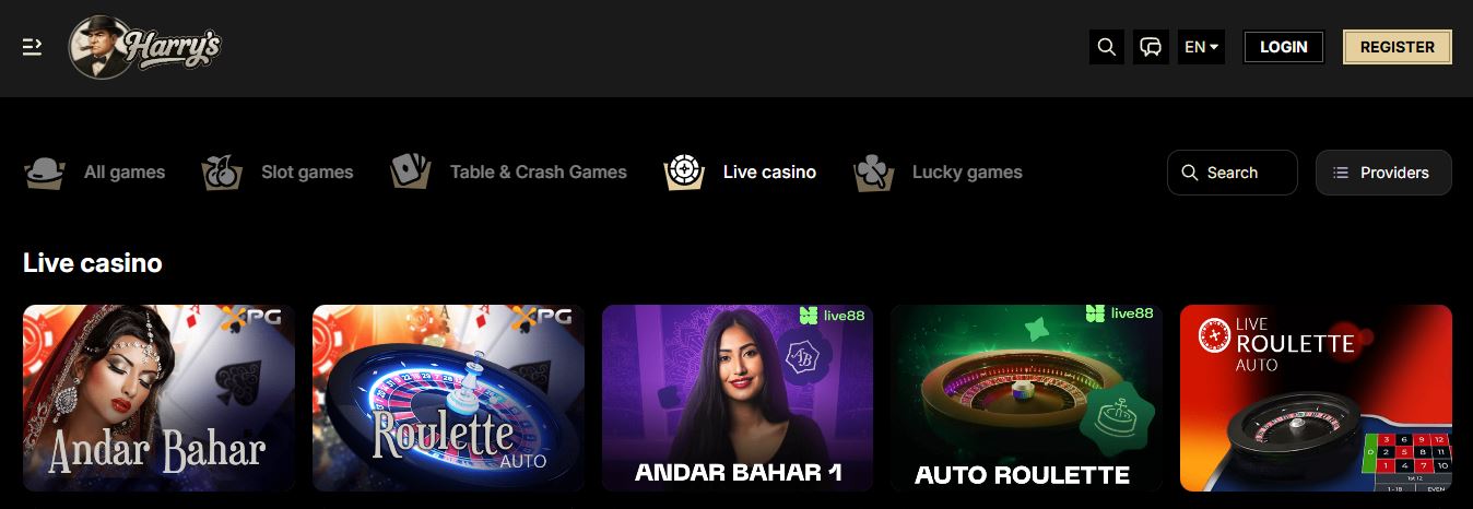 Play live casino games with real dealers at Harry's 