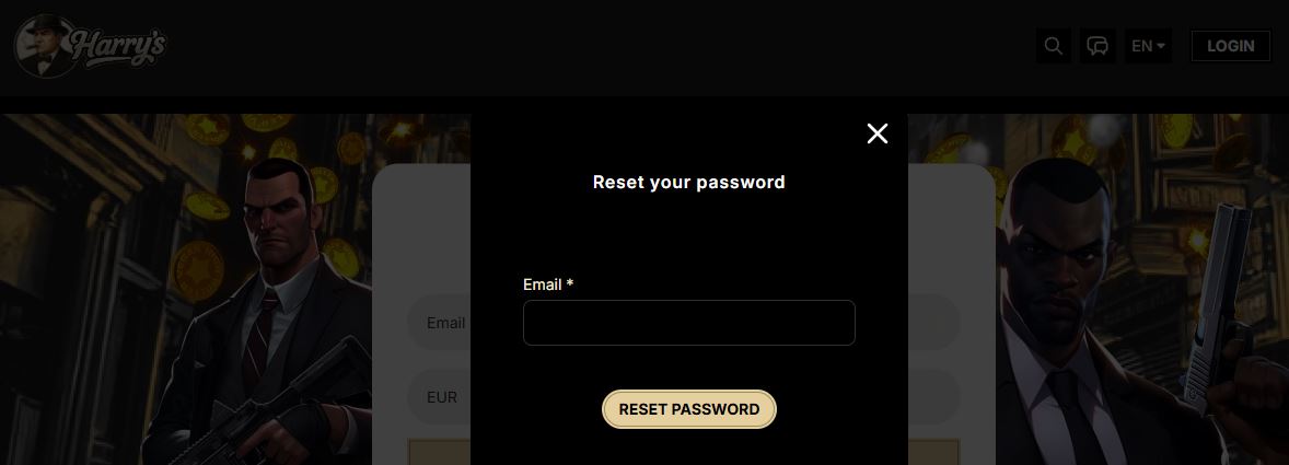 Reset forgotten password at Harry's Casino website
