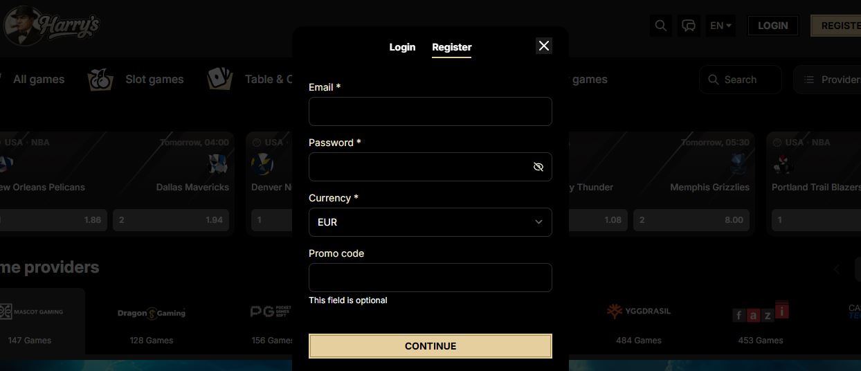 Register new Harry's Casino account with email and password