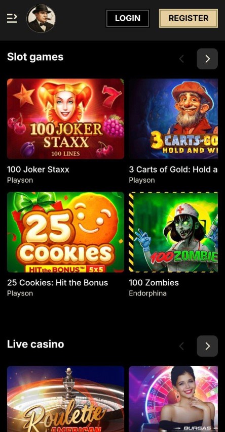 Explore slots and live casino on mobile device